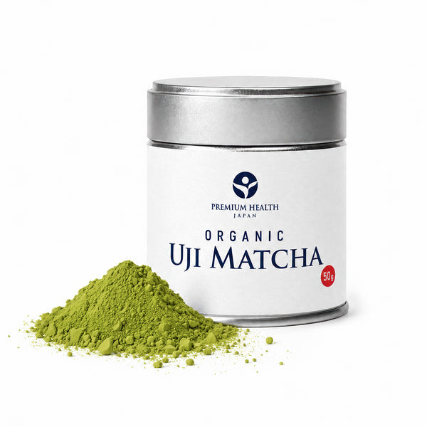 Premium Health Japan organic Uji matcha 50g tin, ceremonial grade Japanese green tea powder in silver can