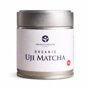 Premium Health Japan organic Uji matcha 50g tin, ceremonial grade Japanese green tea powder in silver can