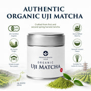 Authentic organic Uji matcha features — JAS certified organic, Uji Kyoto origin, shade-grown leaves, stone-milled, smooth umami flavour, suitable for lattes and usucha