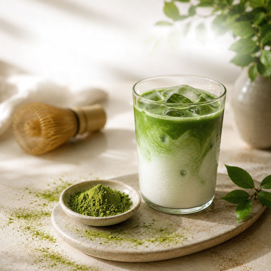 Iced matcha latte made with organic Uji matcha powder, served with a bamboo chasen whisk and matcha powder in a ceramic dish
