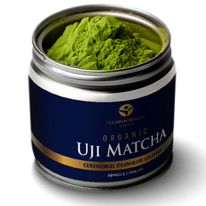 Premium Health Japan organic Uji matcha — single-cultivar Okumidori ceremonial grade in 30g tin