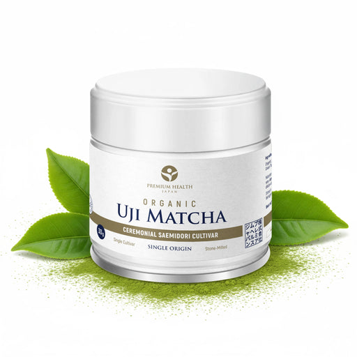 30g tin of Premium Health Japan organic Uji matcha made from single-cultivar Saemidori, JAS-certified and stone-milled in Kyoto.