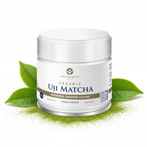 30g tin of Premium Health Japan organic Uji matcha made from single-cultivar Saemidori, JAS-certified and stone-milled in Kyoto.