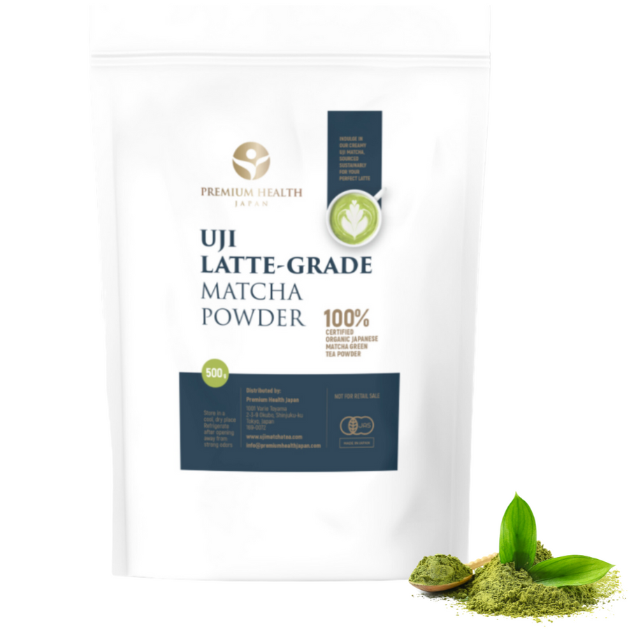 White stand up food pouch containing matcha Uji latte-grade matcha powder with a small pile of matcha powder in front of the pouch