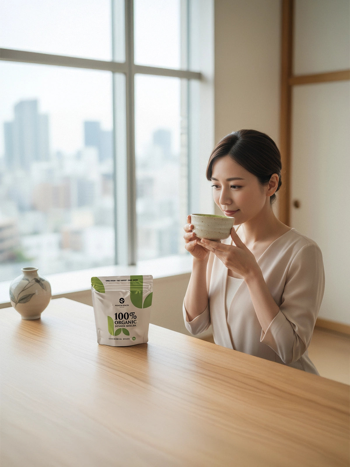 Woman enjoying a bowl of matcha indoors with a 100% organic Japanese matcha pouch on the table beside her in a bright, modern room.