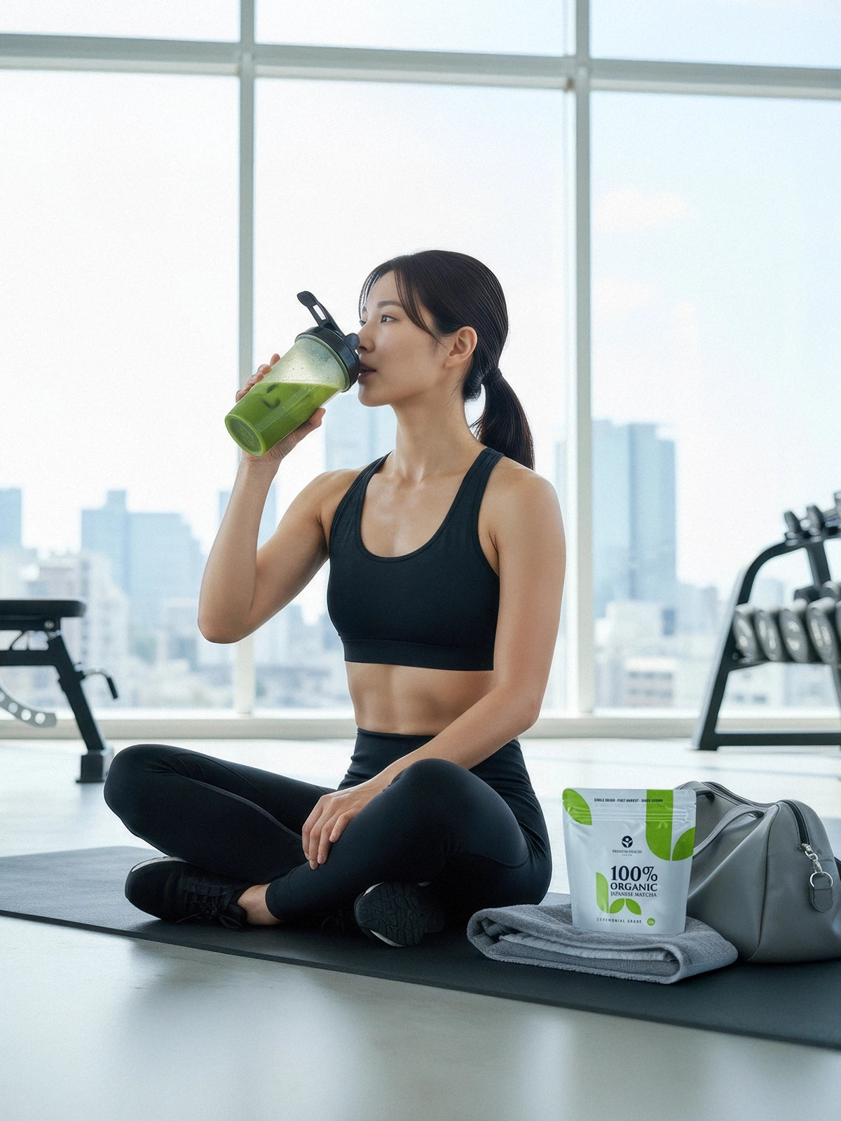 Woman in black activewear drinking a matcha shake at the gym, with Premium Health Japan 100% Organic Japanese Matcha 50g pouch beside her.