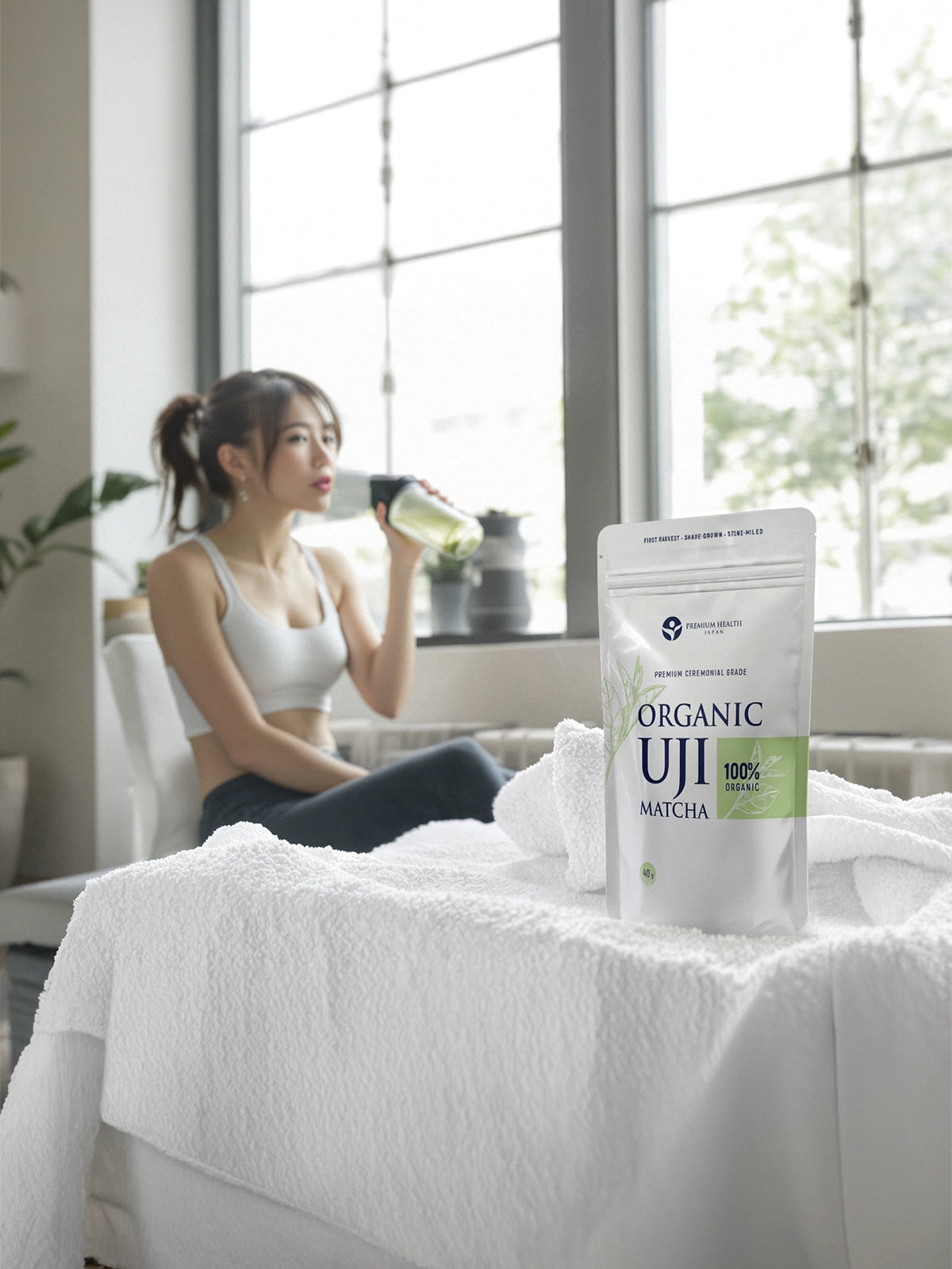 Organic Uji Matcha 40g pouch on a white towel with a woman in workout clothing drinking matcha from a shaker bottle in a bright indoor setting.