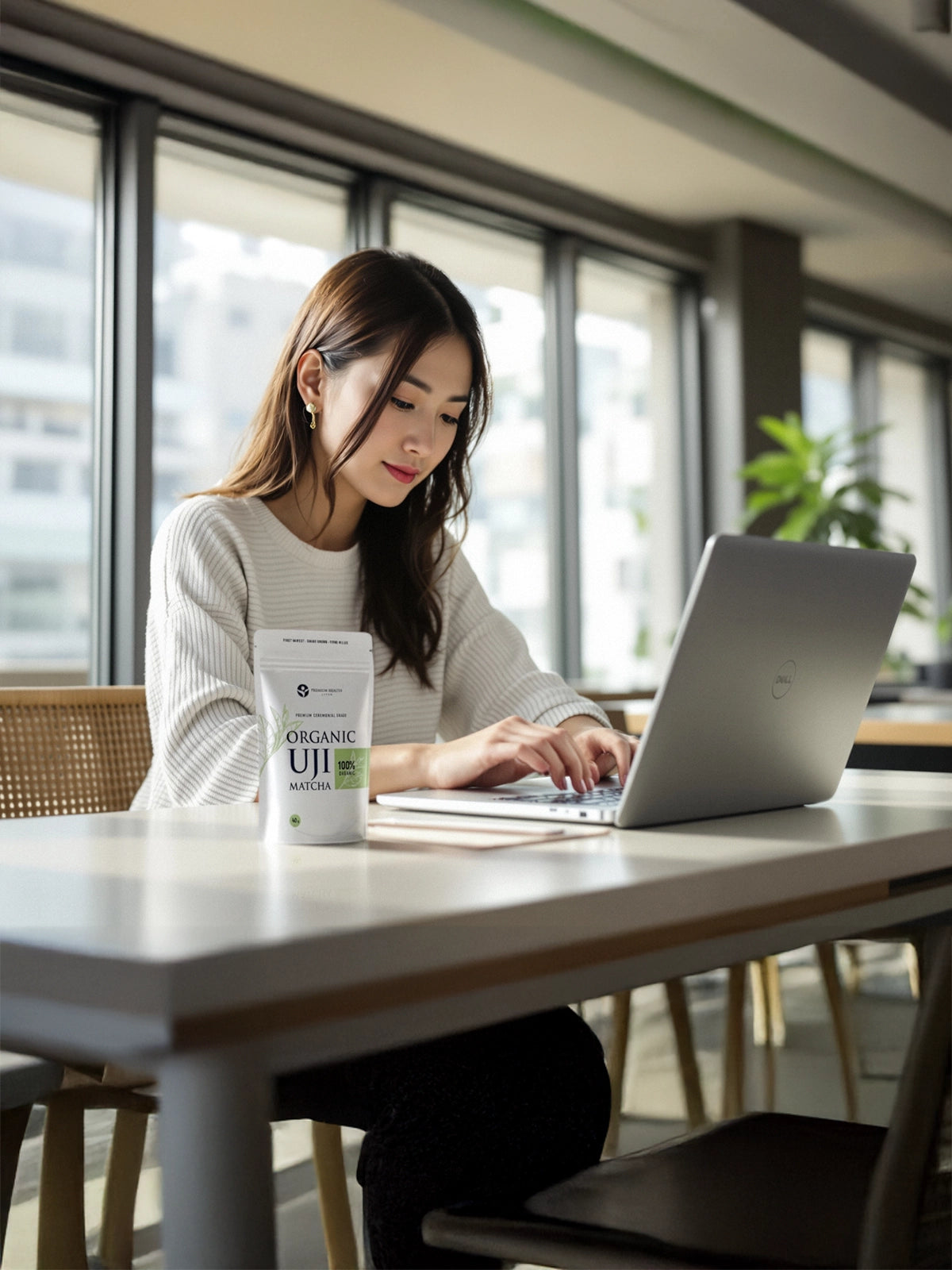 Organic Uji Matcha 40g pouch on a desk beside a woman working on her laptop in a bright, modern office with large windows and natural light.