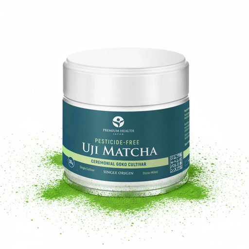 30g Premium Health Japan Uji Matcha Gokō cultivar tin with vibrant green matcha powder, single-origin and pesticide-free from Wazuka, Kyoto.