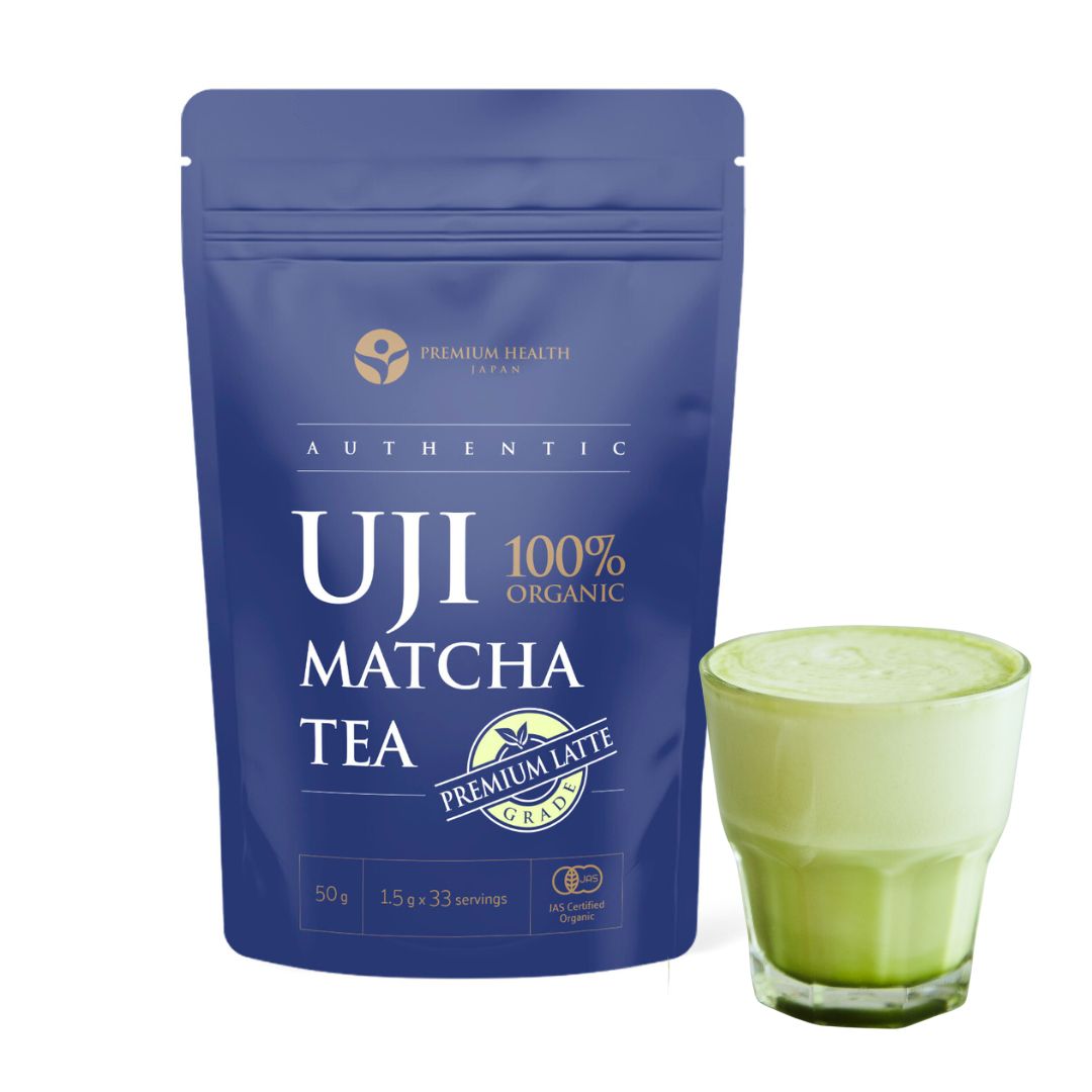 Packet of latte grade Uji matcha with a matcha latte beside it