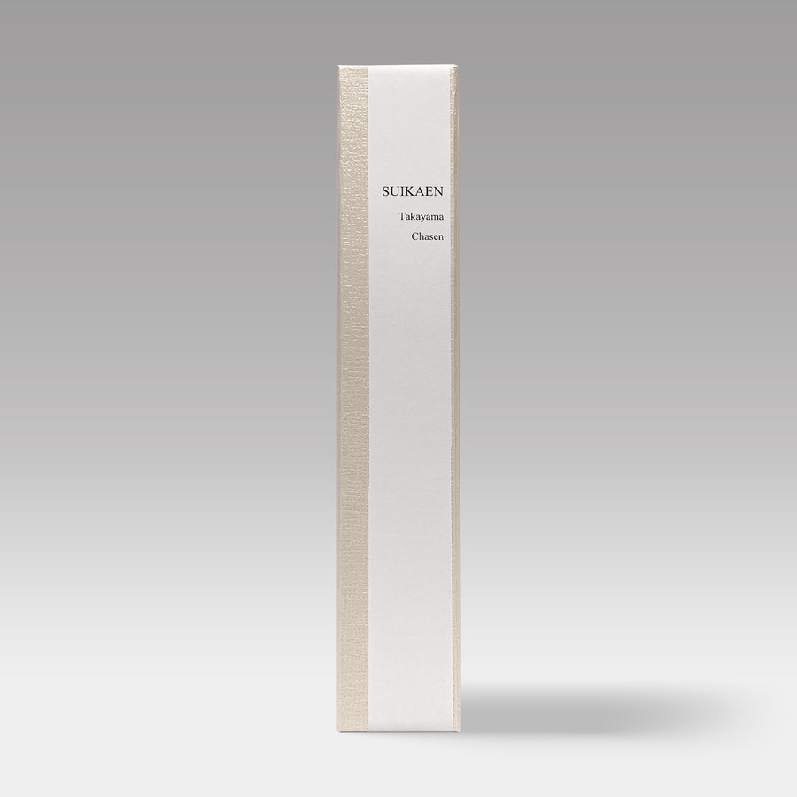Elegant box packaging for Suikaen Takayama chashaku, handcrafted bamboo tea scoop made in Japan.