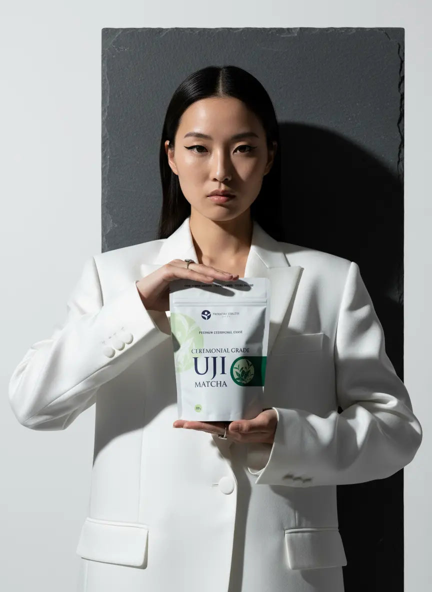 A model in a white suit holding a 100 g pouch of Ceremonial Grade Uji Matcha from Premium Health Japan against a minimalist studio backdrop.