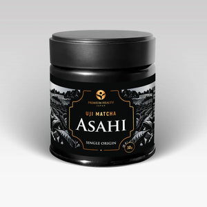 Uji Matcha Asahi single-origin 30 g can, front label by Premium Health Japan on light background.
