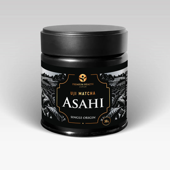 Uji Matcha Asahi single-origin 30 g can, front label by Premium Health Japan on light background.