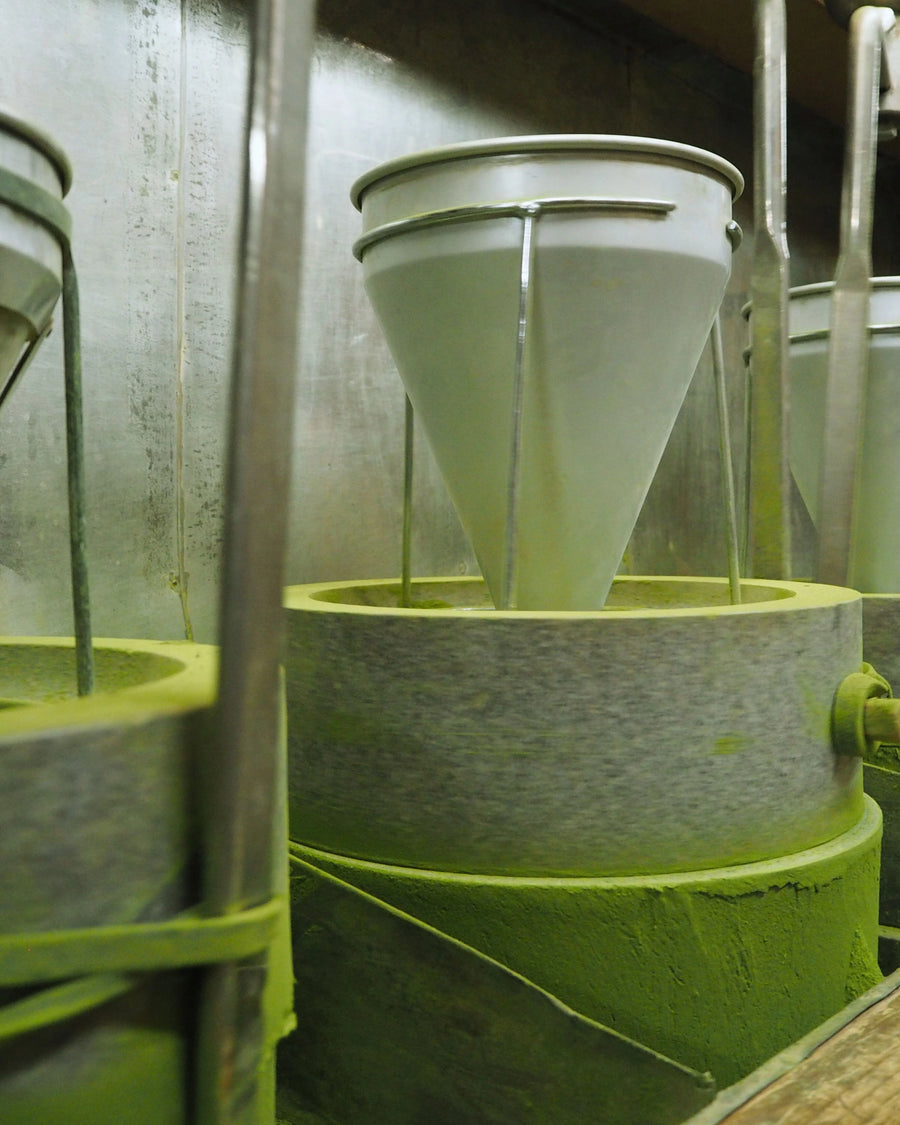 Traditional granite stone mills grinding tencha into fine matcha powder