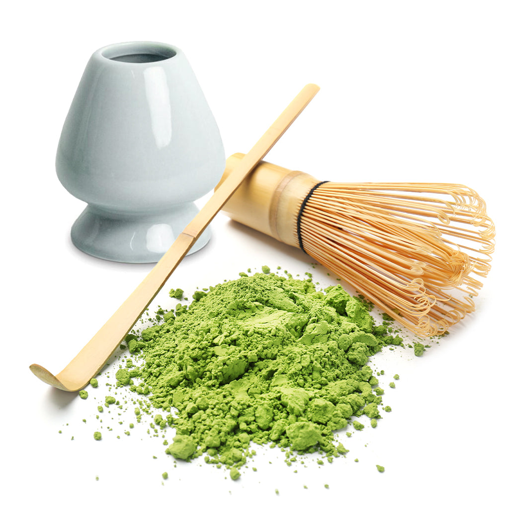 Matcha whisk set with bamboo whisk, bamboo matcha scoop, and ceramic whisk holder